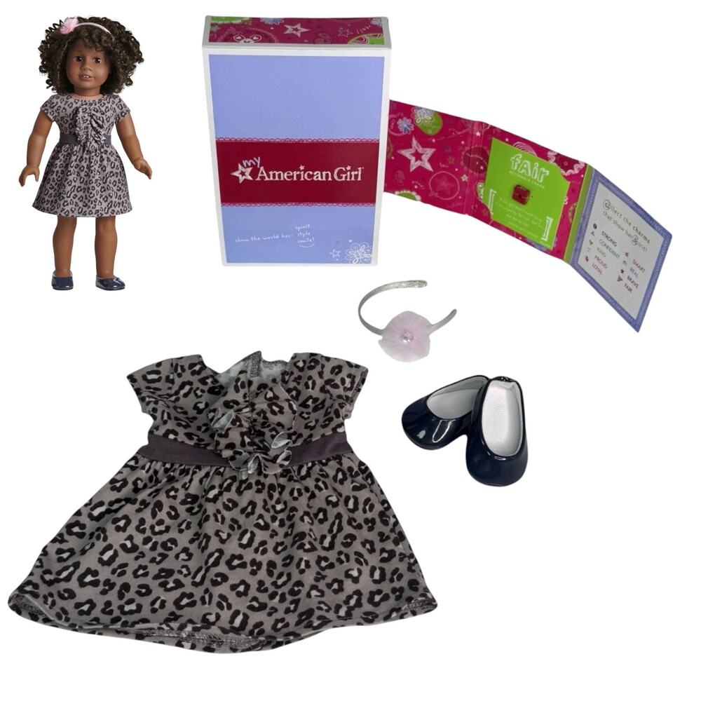 American Girl Sweet Savannah Dress Animal Print Grey Shoes Headband Charm Box